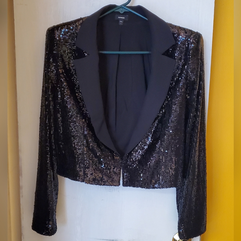 New Express Sequin Solid Lapel Cropped Black Blaz… - image 6